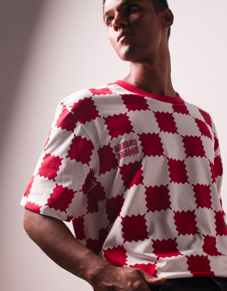 Adaiyalame Anaiththum oversized checks tamil tshirt white & red