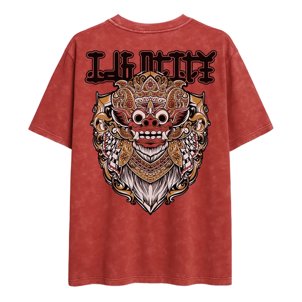Red oversized t-shirt with a bali print on the back 