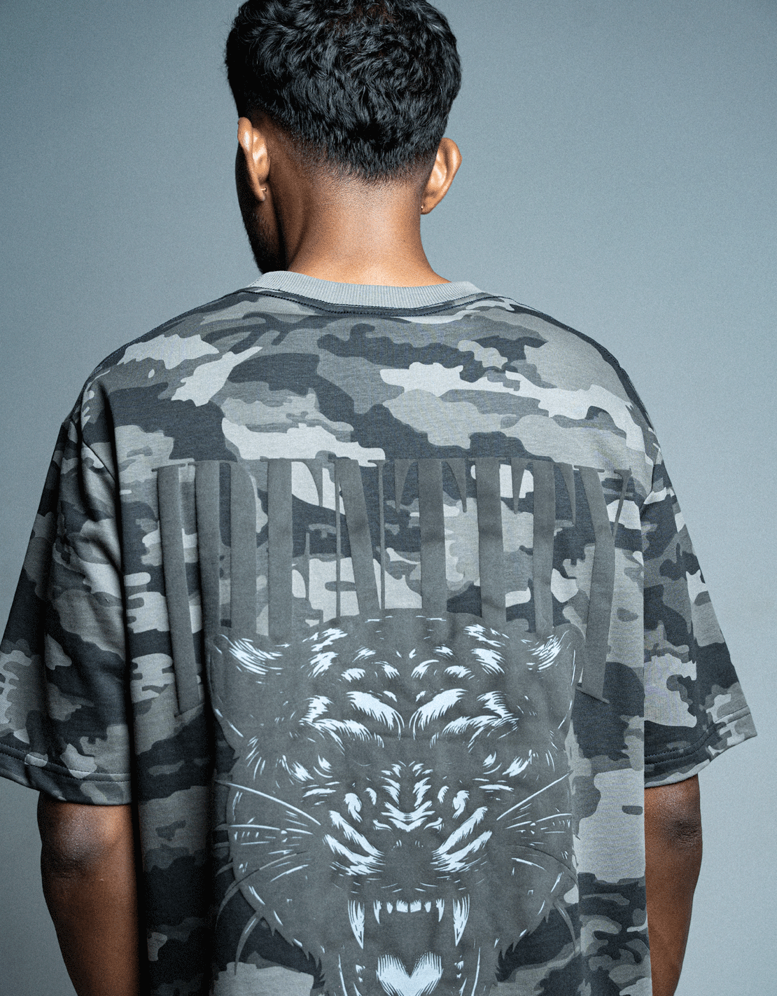 Jaguar Camouflage Identity Is Everything Oversized T-shirt in black and grey, camouflage design for a stylish look