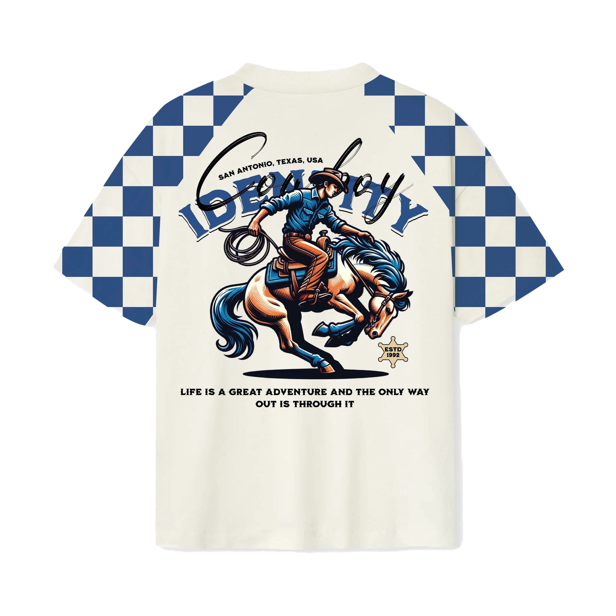 T-shirt with a graphic of a cowboy on a horse and text on a white background