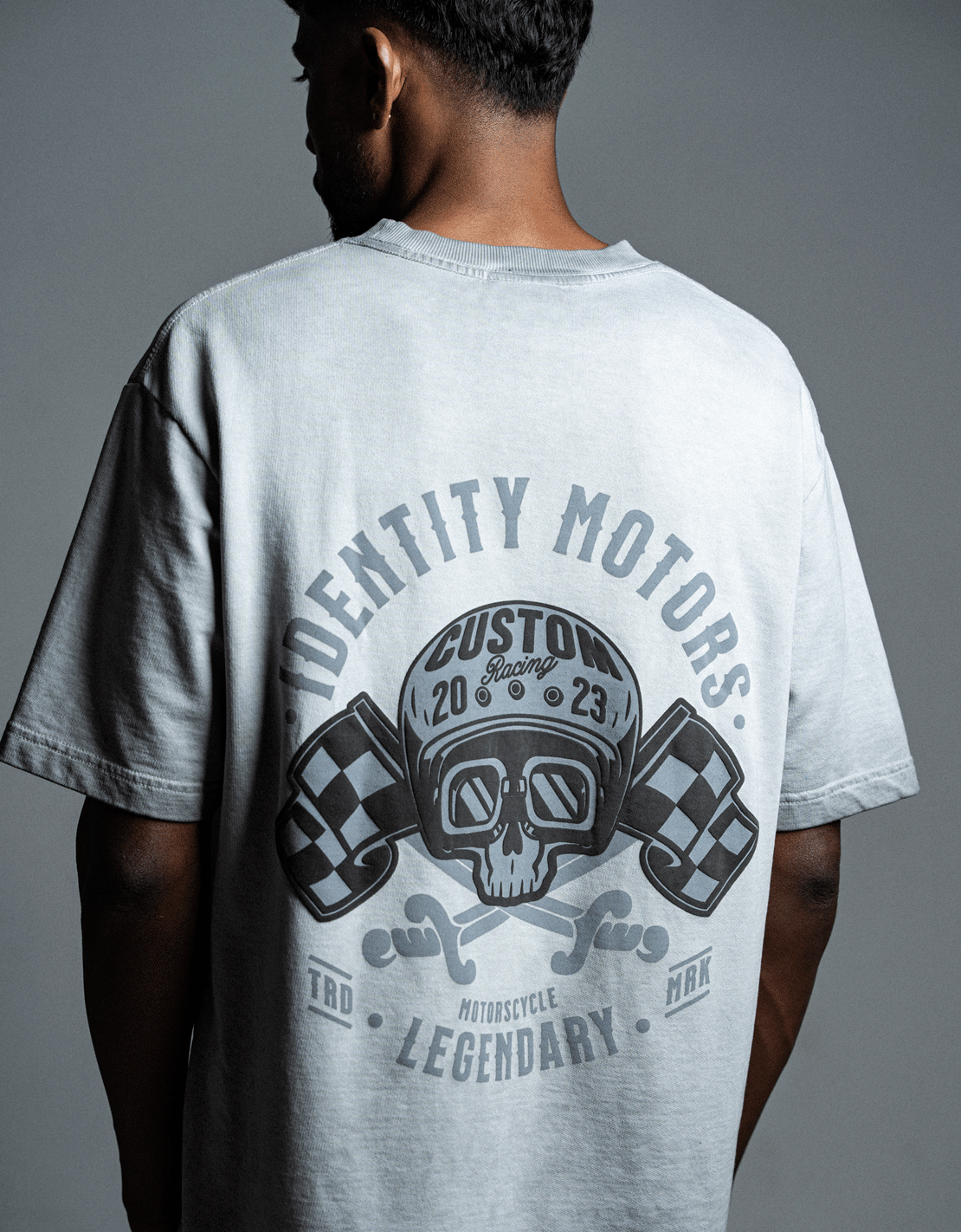 Identity Motors oversized light grey t-shirt with cold processed dyeing and 'Identity Is Everything' design