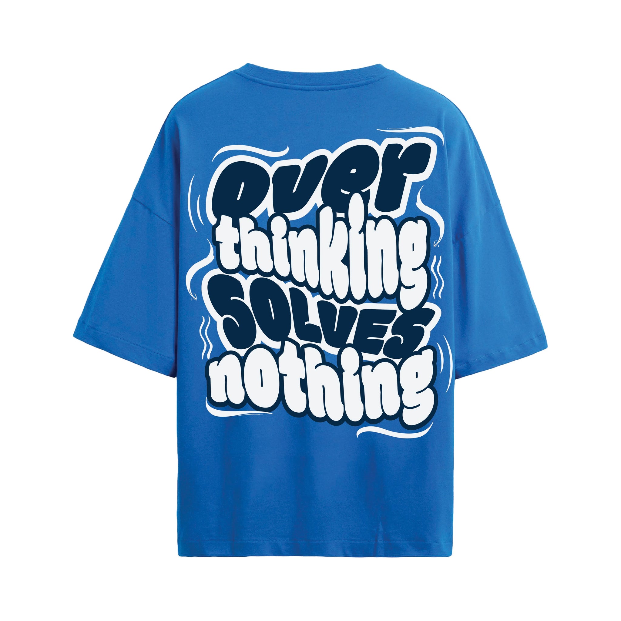 Blue t-shirt with white and black text on a white background