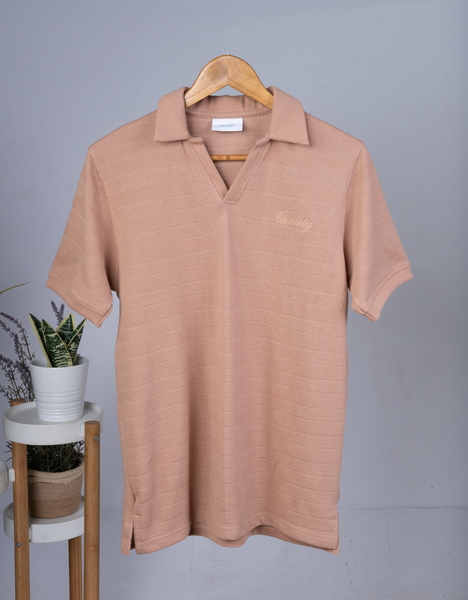 Mud passte-orange polo neck t-shirt with 'Identity' logo and V-neck design