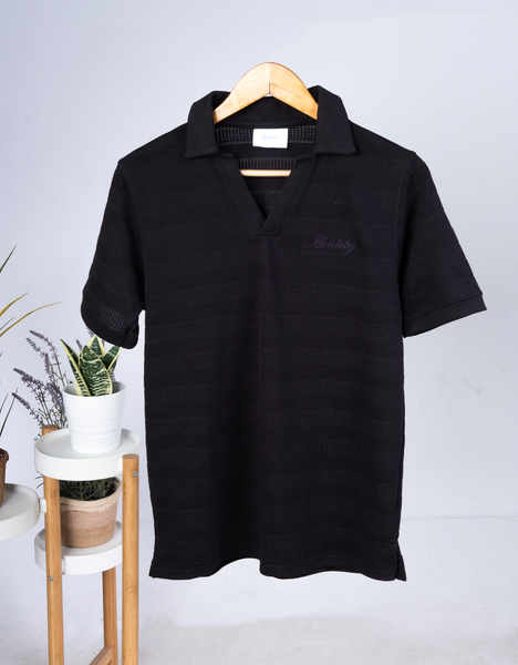 Black polo neck t-shirt with 'Identity' logo and V-neck design