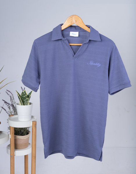 Polo neck t-shirt in ornate blue with 'Identity' V-neck design