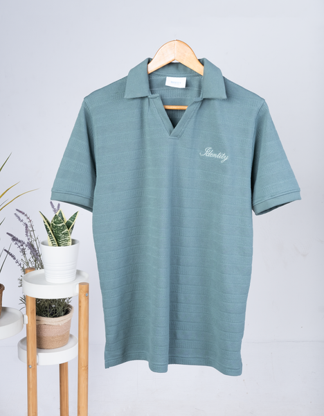 Pine forest-green polo neck t-shirt with 'Identity' logo and V-neck design