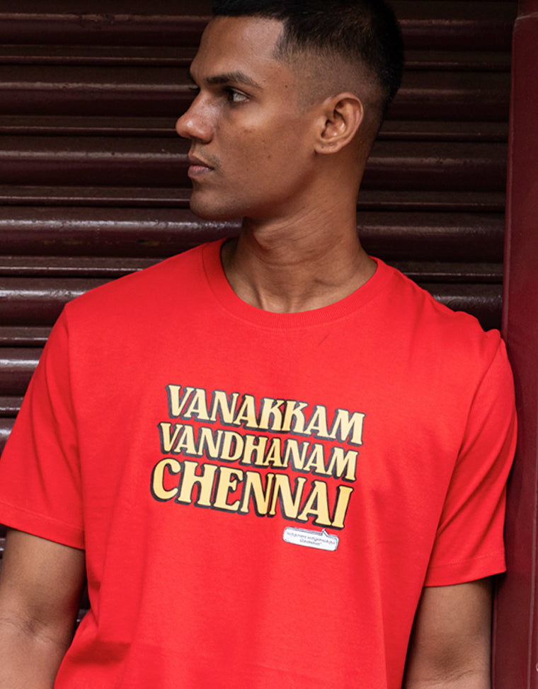 vanakkam chennai red tshirt by angi clothing