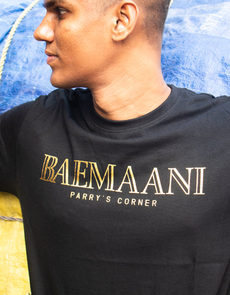 BAEMAANI PARRY'S CORNER | SPOOF OF BALMAIN PARIS | GOLD FOIL T-SHIRT